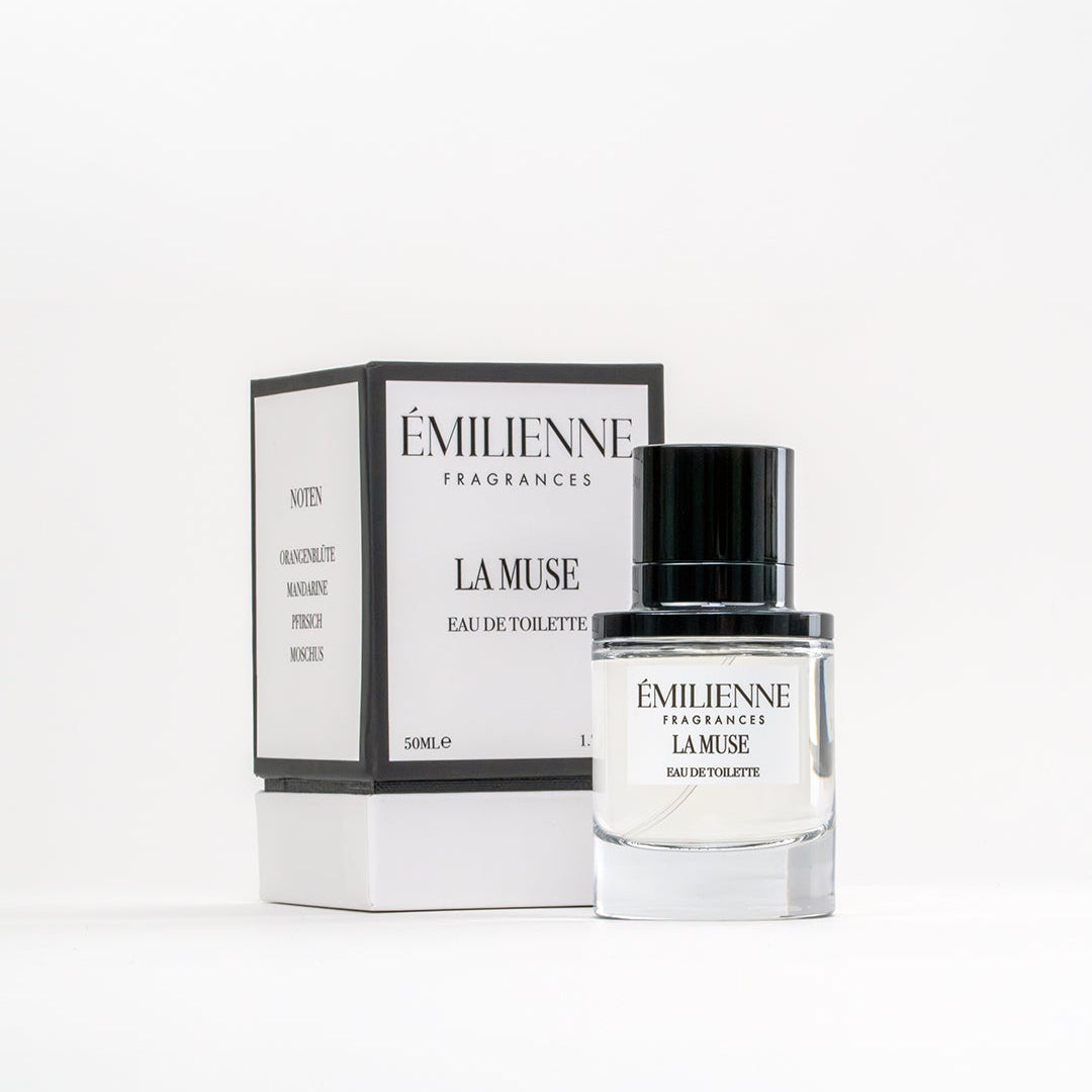 Perfume bottle and packaging with 'Emilienne' branding on a white background