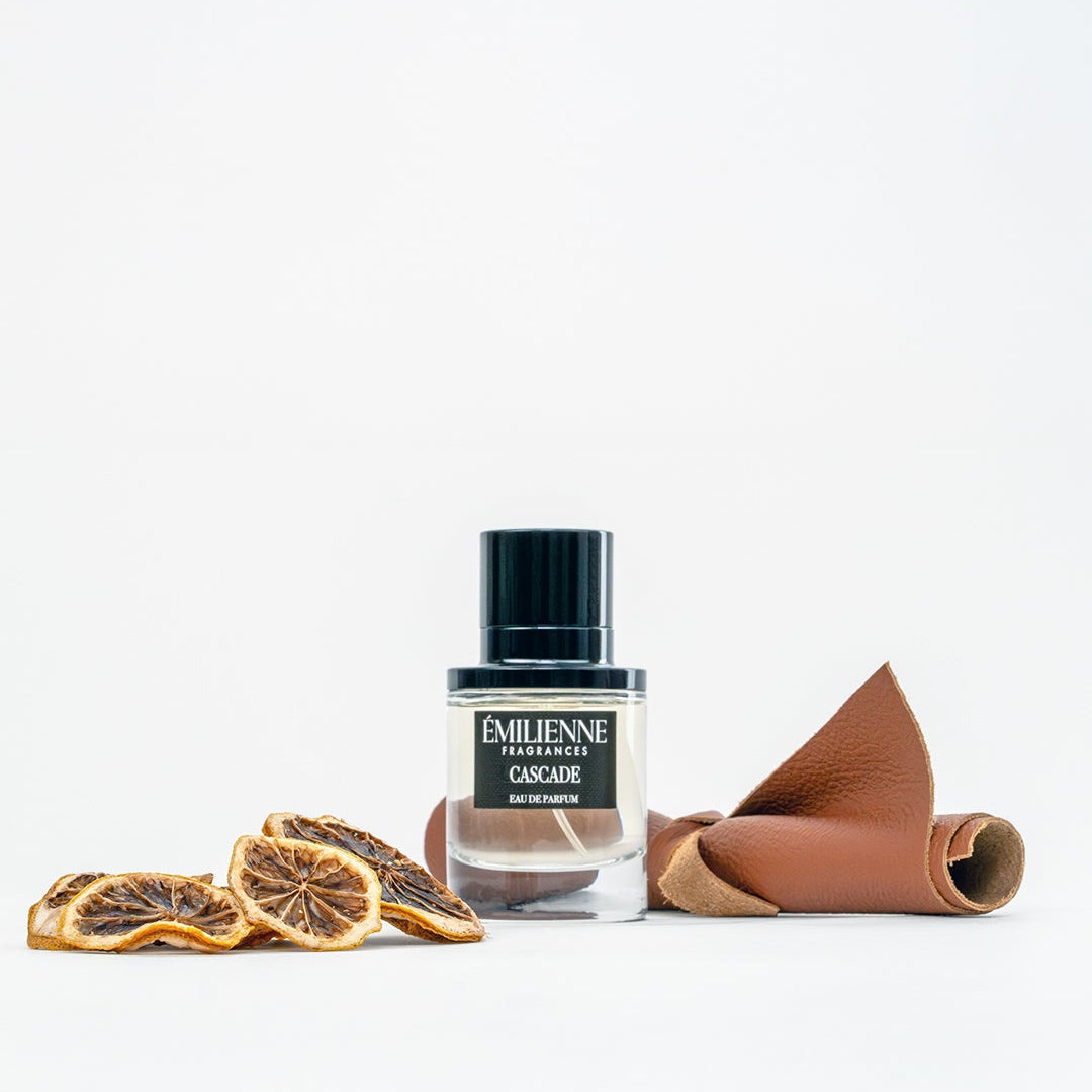 Perfume bottle with dried oranges and leather on a white background